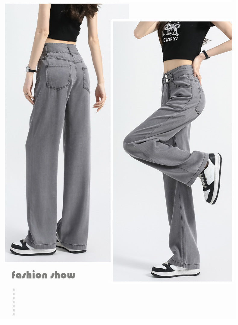 Lyocell Denim Wide-leg Pants with High Waist and Button Detail
