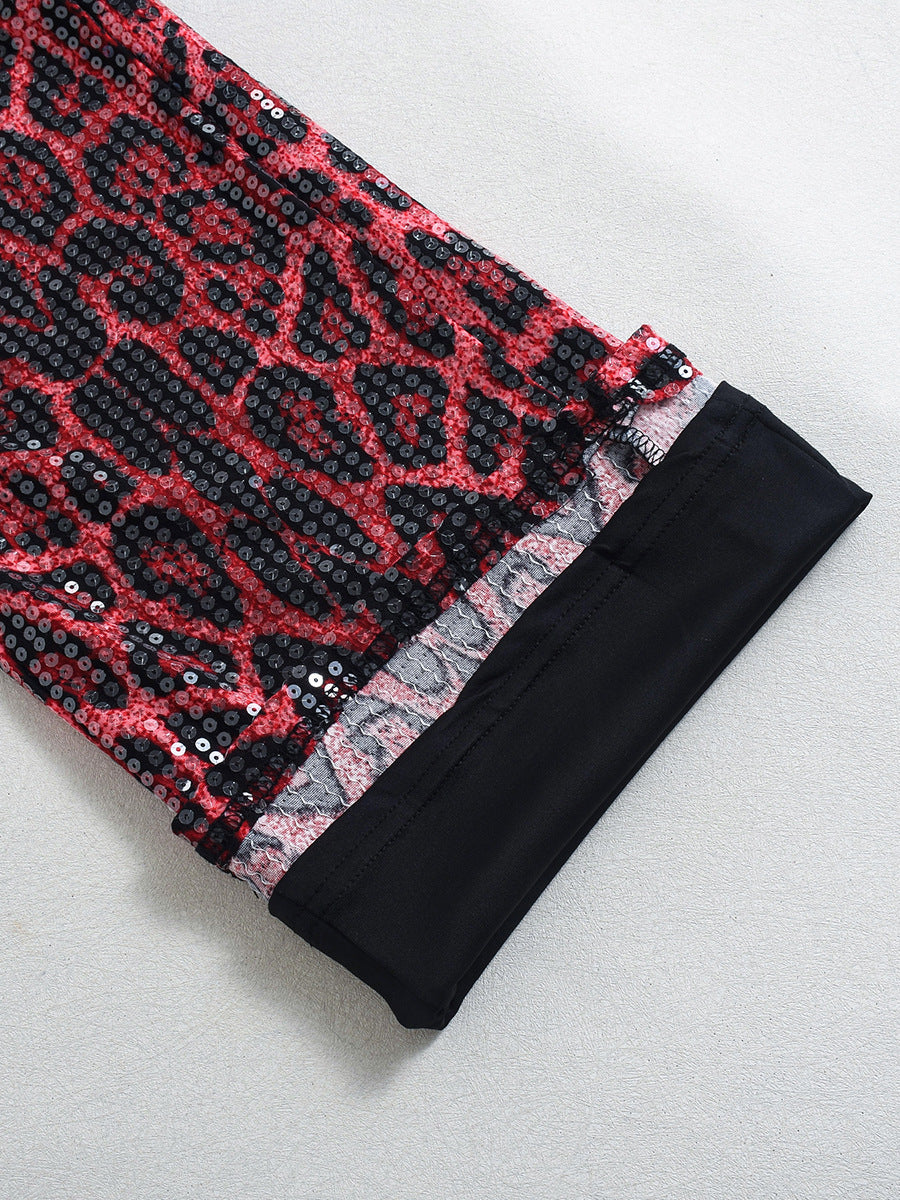 Leopard Print Straight-leg Trousers with Sparkling Sequins Detail