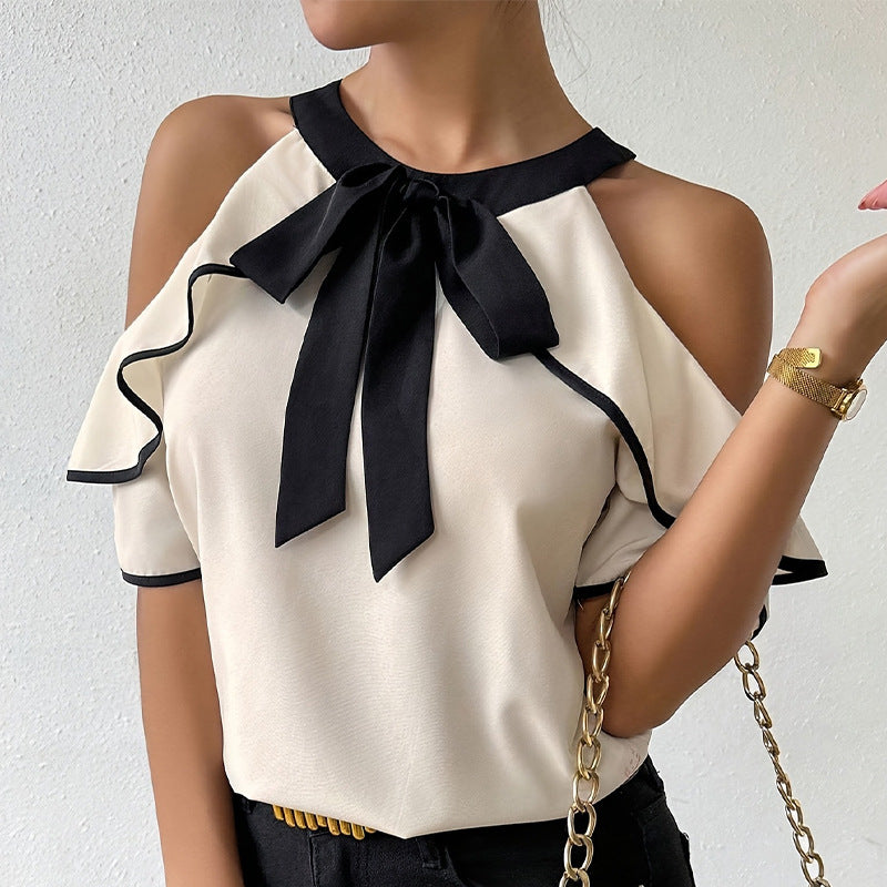 Short-sleeved Bow Collar Pullover Shirt with Stylish Design