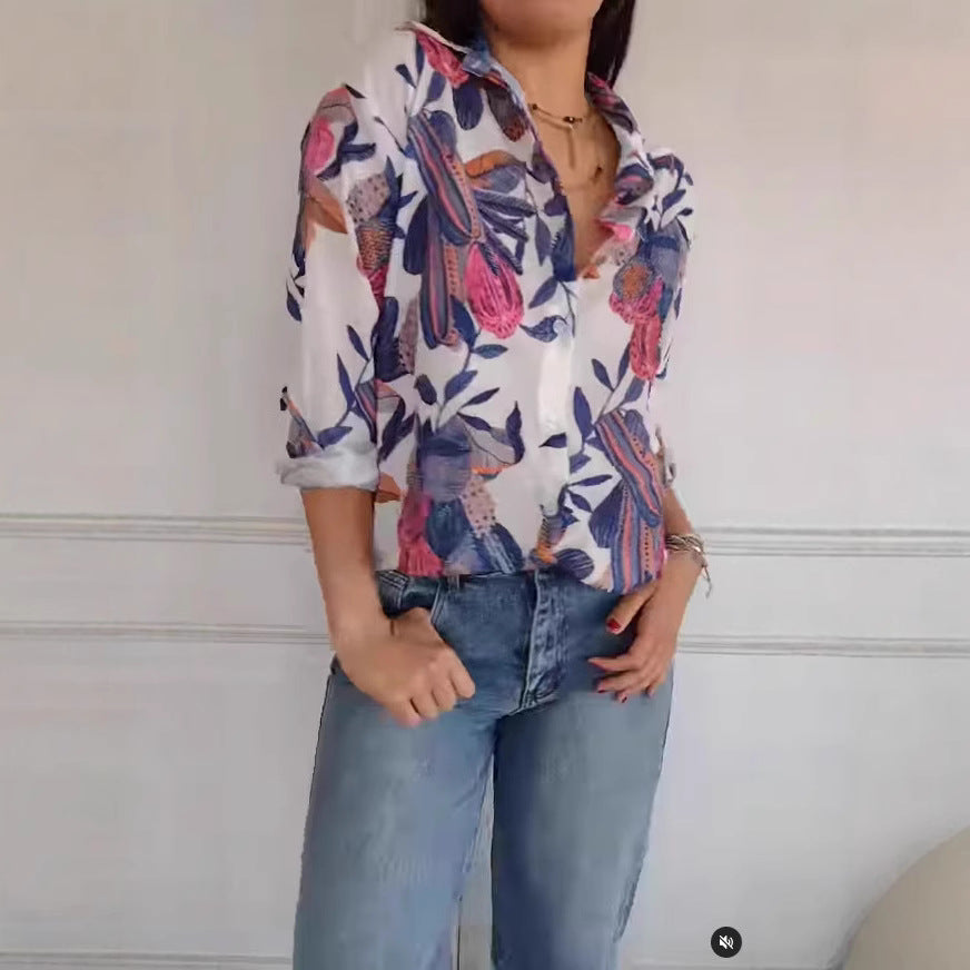 Casual Print Shirt Top with Floral Patterns and Long Sleeves