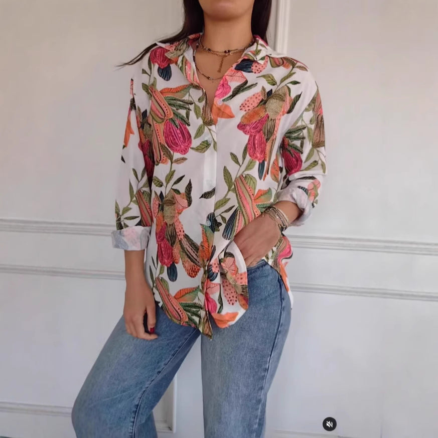Casual Print Shirt Top with Floral Patterns and Long Sleeves