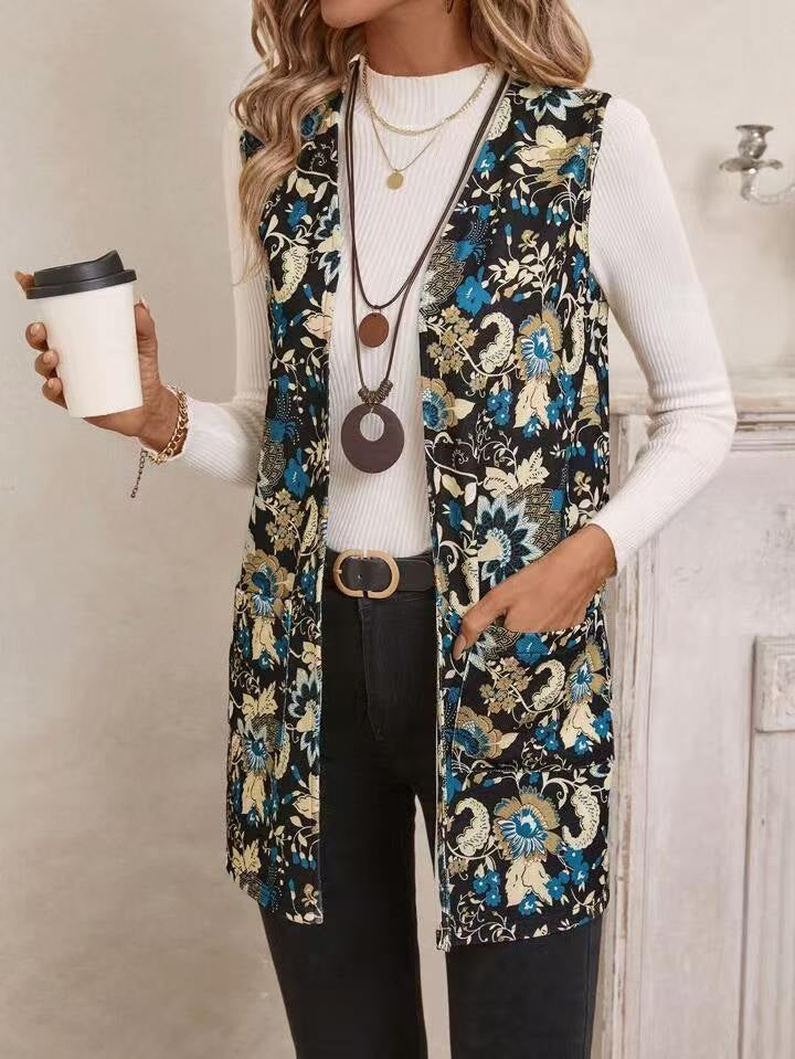 Casual Printing Coat with Fresh Floral Design and Sleeveless Style