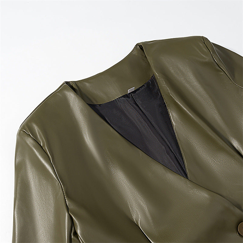 Long-sleeved V-neck Leather Jacket with Stylish Contrast Colors