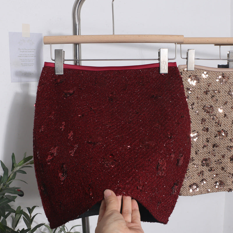 Sequined Red A-Line Skirt with High Waist Slimming Design