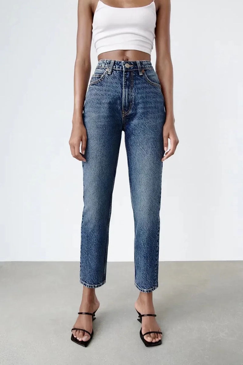 High Waist Loose Casual Denim Trousers with Straight-Leg Style