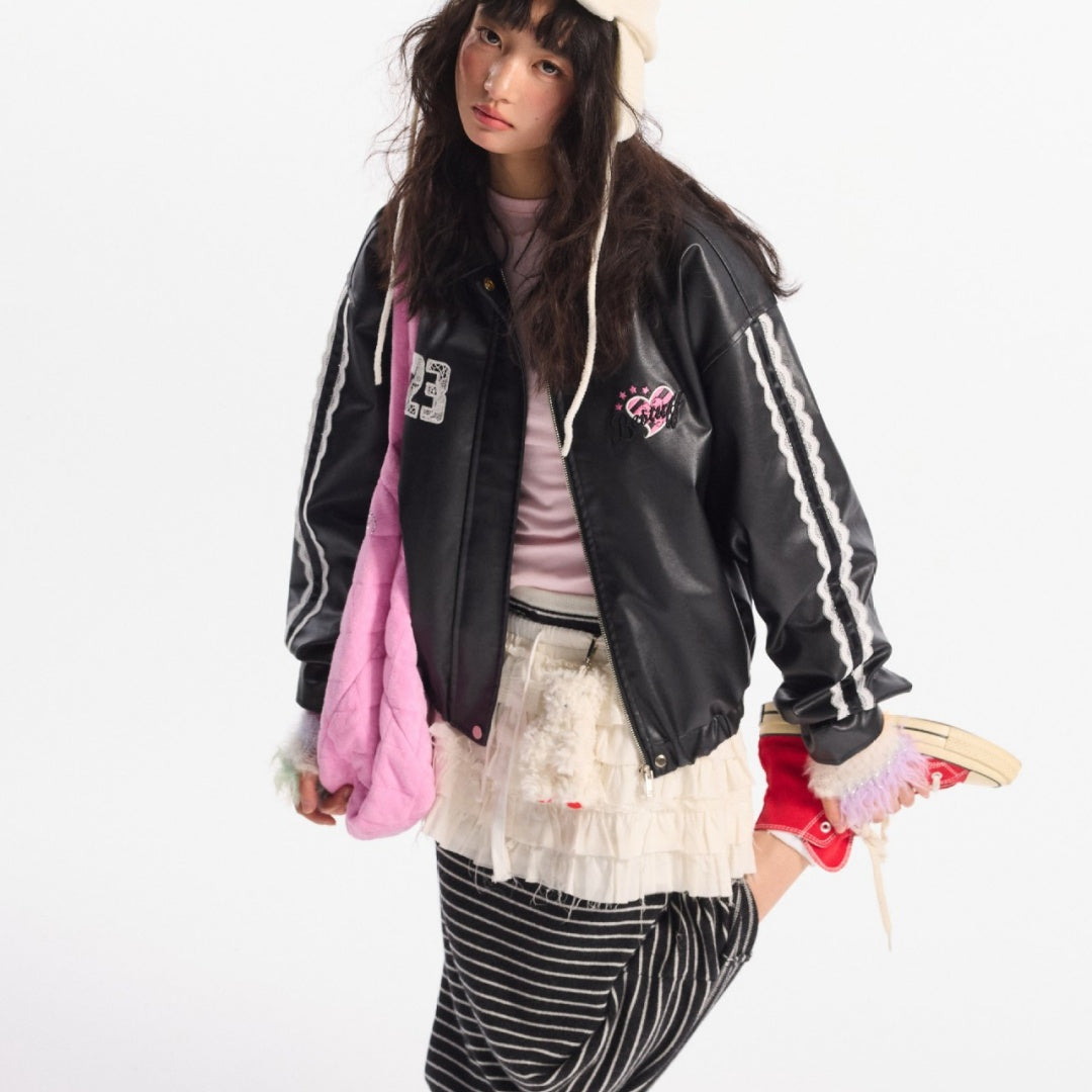 Lapel Jacket with Lace Embroidery and Cute Style Details