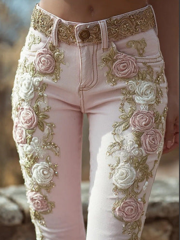 Retro Pink Rose Embroidered Artistic Printed Jeans for a Unique Style
