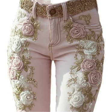 Retro Pink Rose Embroidered Artistic Printed Jeans for a Unique Style