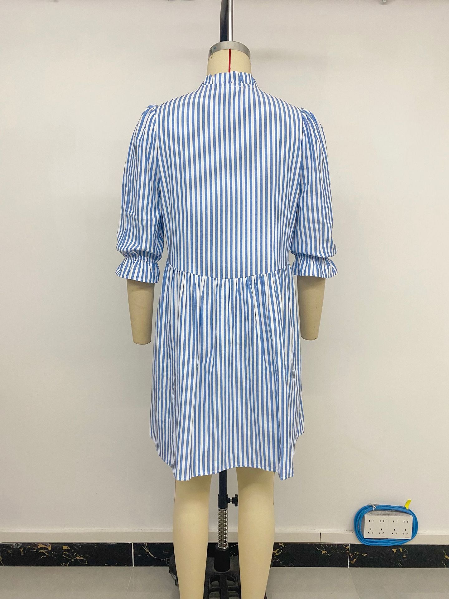Puff Sleeve Stand Collar Striped Dress with A-Line Skirt Style