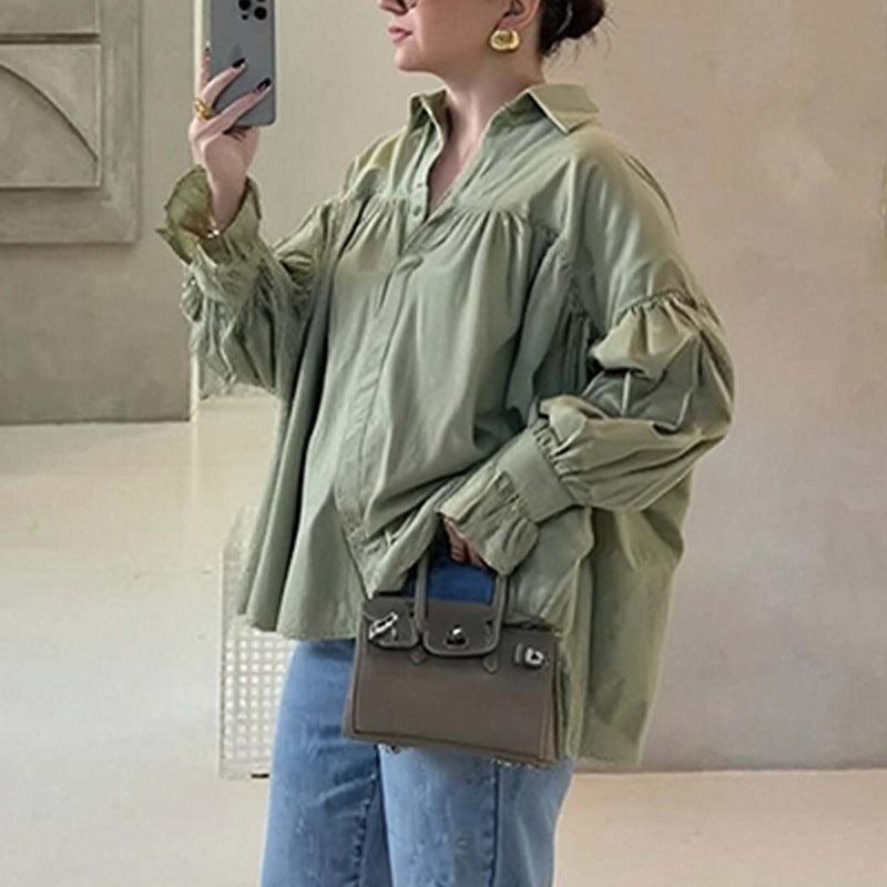 Pleated Lapel Splicing Blouse with Long Sleeve Design