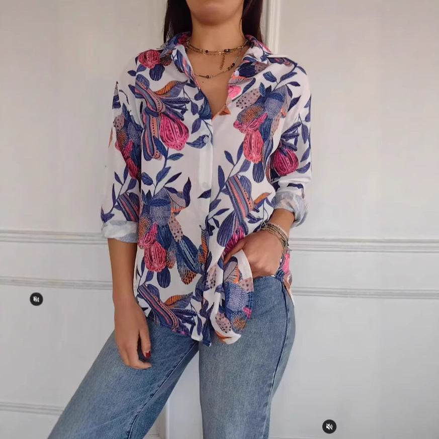 Casual Print Shirt Top with Floral Patterns and Long Sleeves