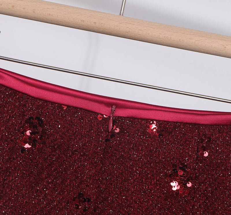 Sequined Red A-Line Skirt with High Waist Slimming Design