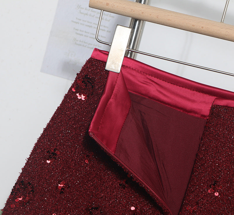 Sequined Red A-Line Skirt with High Waist Slimming Design