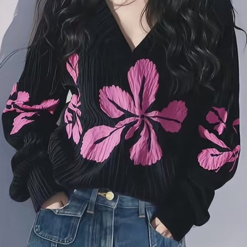 Black Flower Print Top with Flight Sleeves for Effortless Style