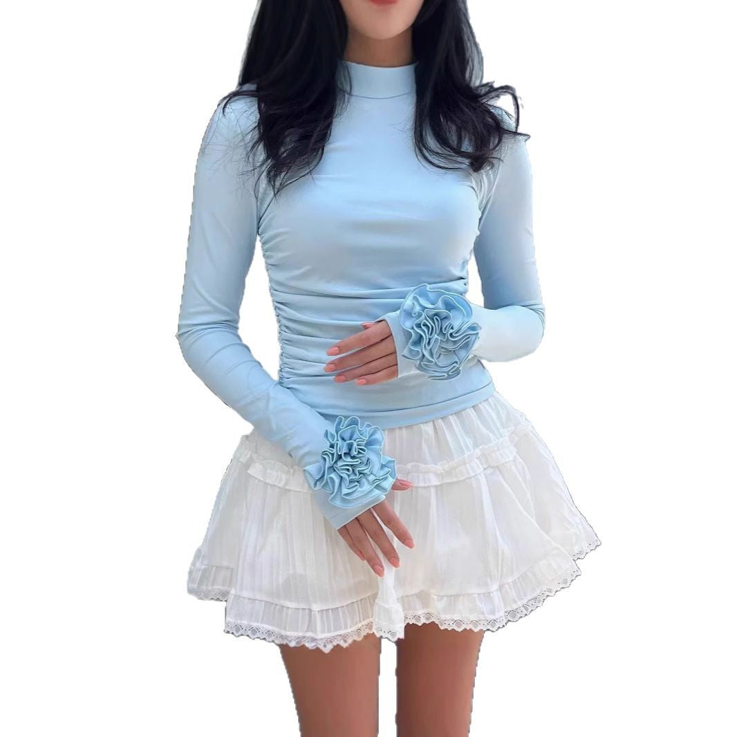 Floral Long Sleeve Slim-fit Tops with Charming 3D Design