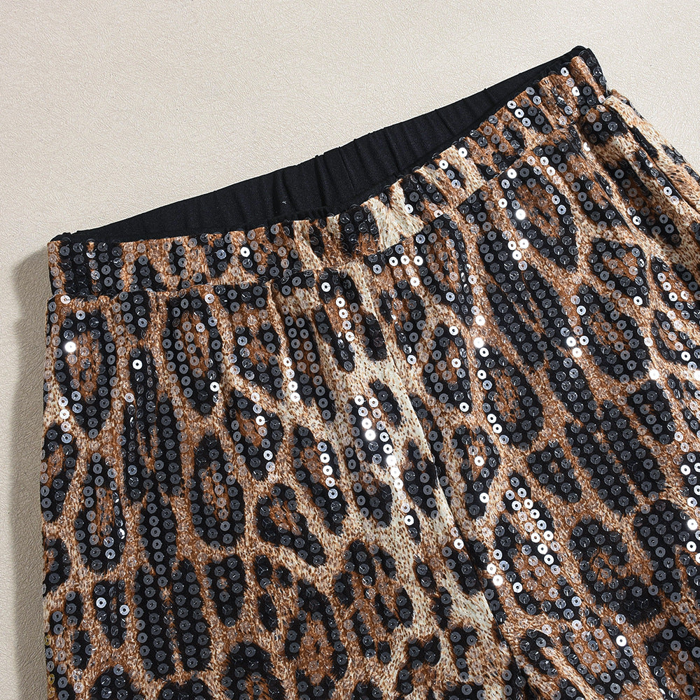 Leopard Print Straight-leg Trousers with Sparkling Sequins Detail