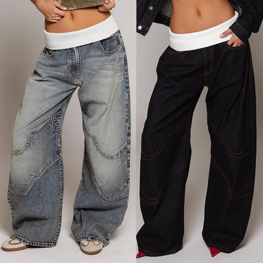 Distressed Denim Straight Trousers with Mid Waist Comfort