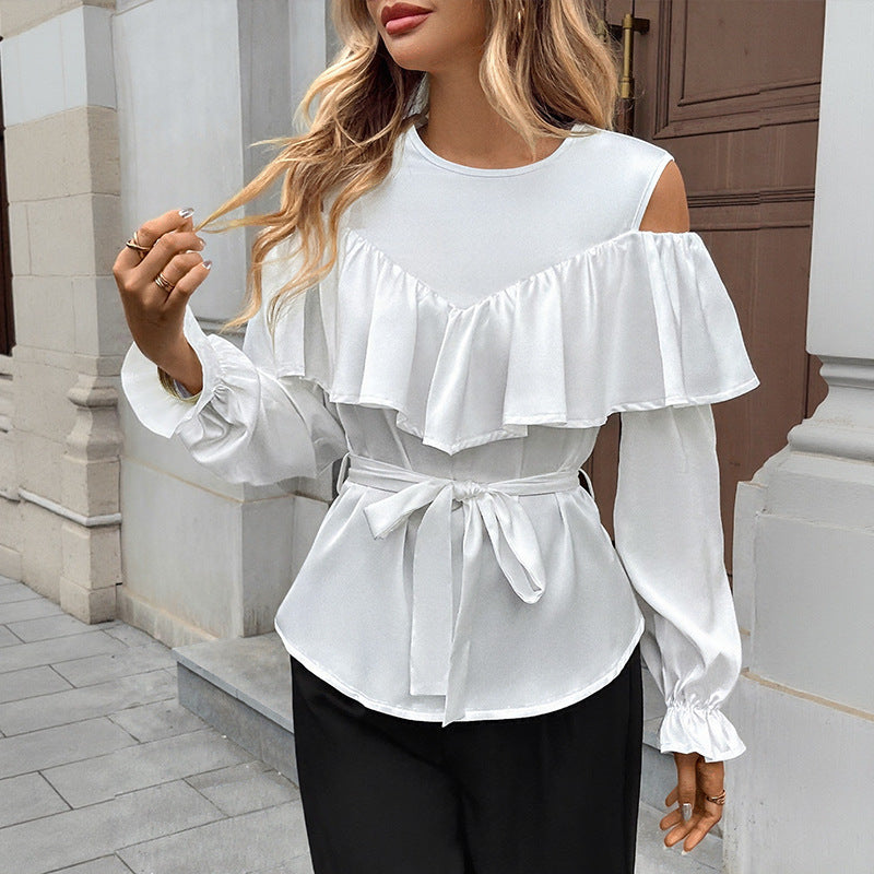 Long-sleeved Ruffled Off-the-shoulder Lace-up Shirt for Stylish Looks
