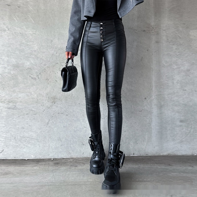 High Waist Tight Leather Pants with Sleek Commuting Style