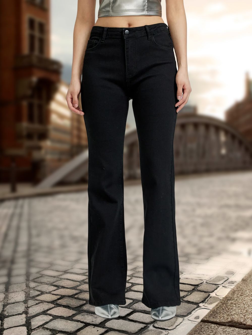 Mid-waist Retro Denim Bell-bottom Pants with Stretch Fabric Design