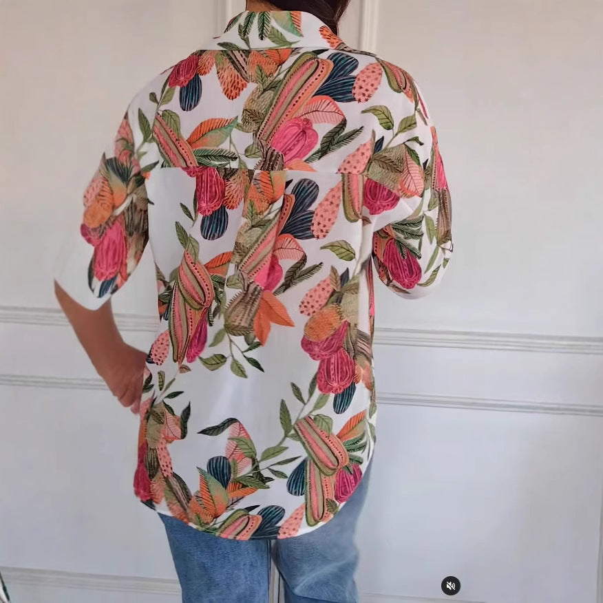 Casual Print Shirt Top with Floral Patterns and Long Sleeves