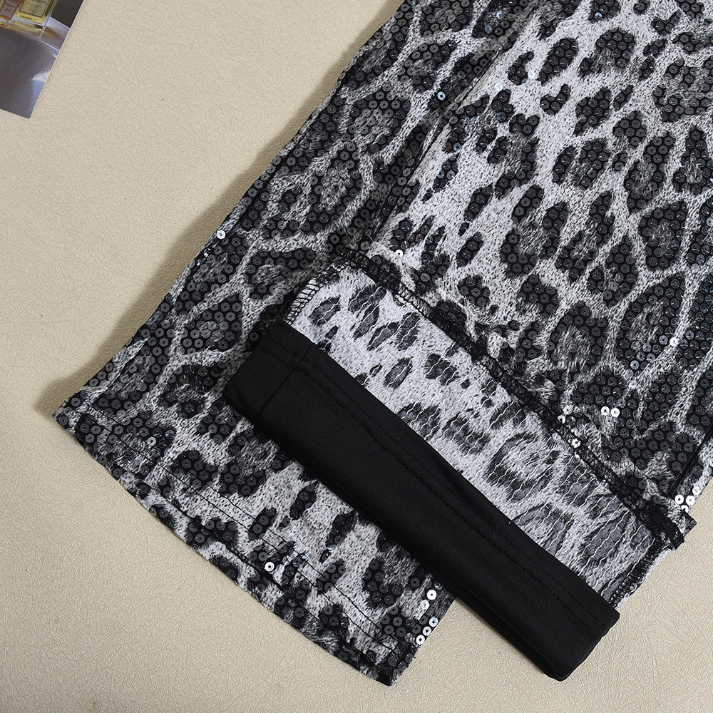 Leopard Print Straight-leg Trousers with Sparkling Sequins Detail