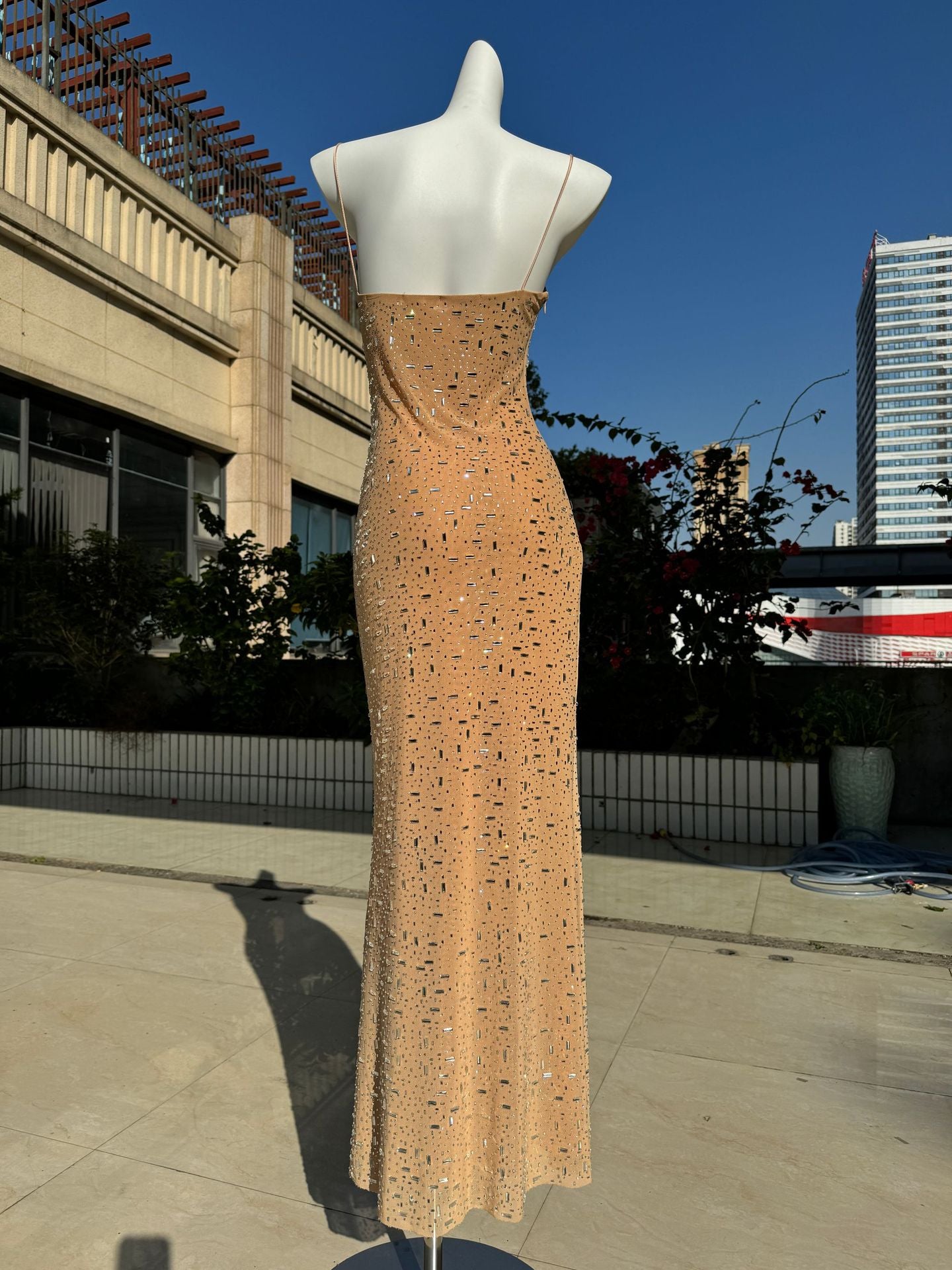 Sequin Spaghetti Strap Dress with Elegant Nude & Black Detailing