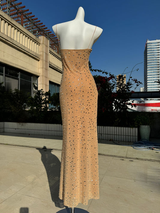 Sequin Spaghetti Strap Dress with Elegant Nude & Black Detailing