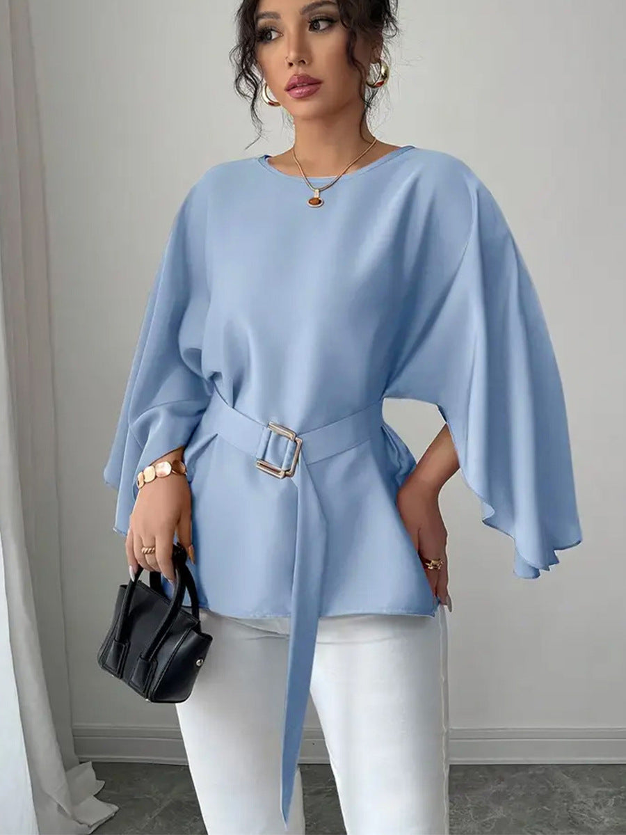 Solid Color Flared Half Sleeve Shirt with Bell Sleeve Design