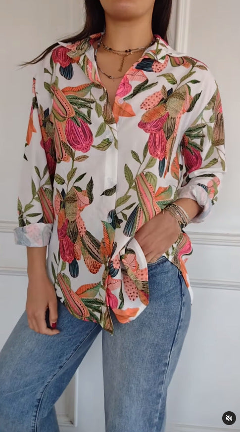 Casual Print Shirt Top with Floral Patterns and Long Sleeves