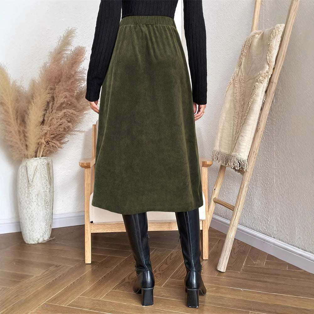 Mid-Length Skirt with Elastic Waist and Patch Pocket Design