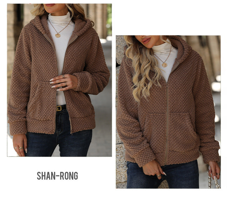 Loose Pocket Hooded Zipper Plush Jacket for Autumn and Winter