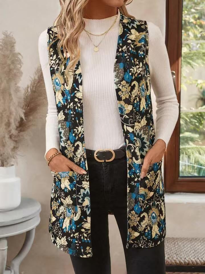 Casual Printing Coat with Fresh Floral Design and Sleeveless Style