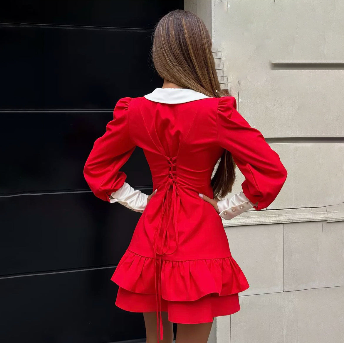 A-line Dress with Lace-up Waist and Ruffled Contrast Details