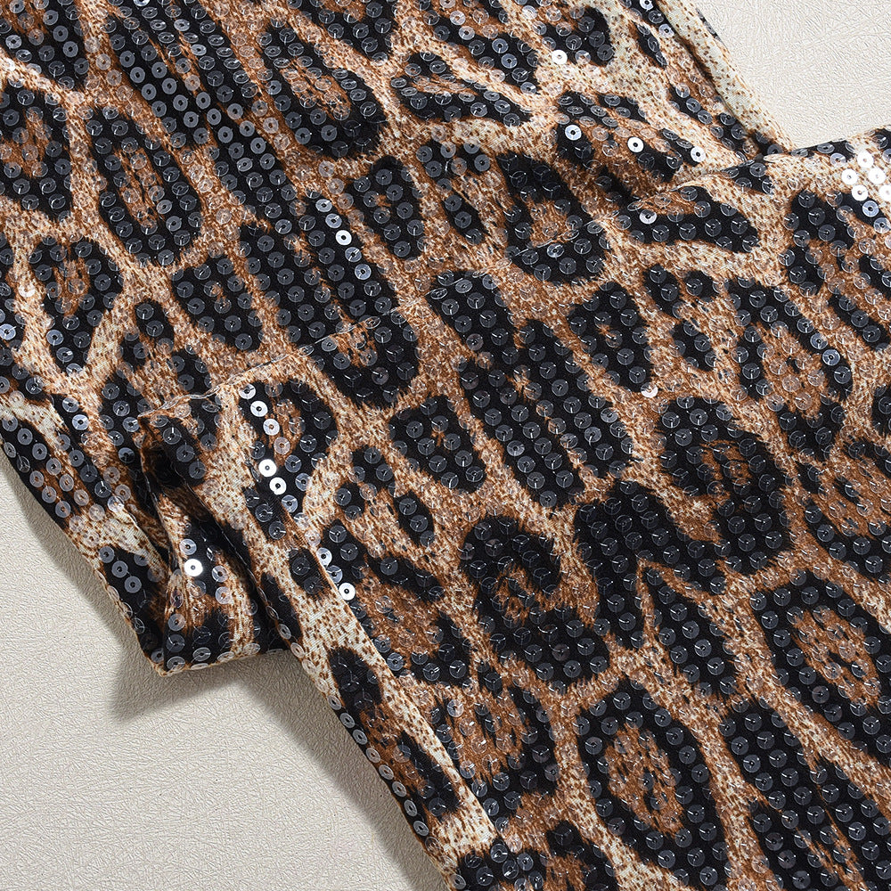 Leopard Print Straight-leg Trousers with Sparkling Sequins Detail