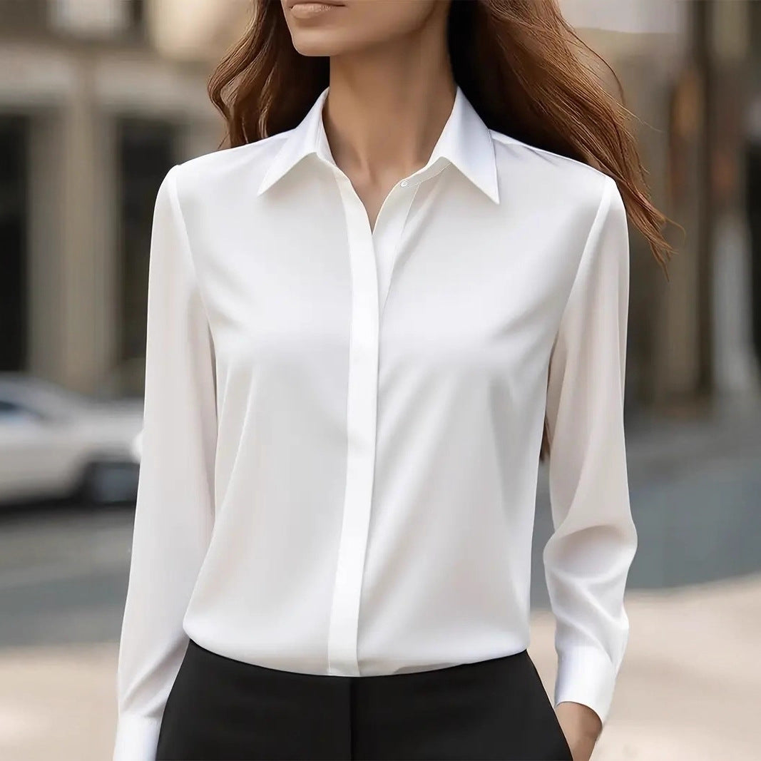 Satin Blouse with Long Sleeve Lapel Design for Effortless Elegance