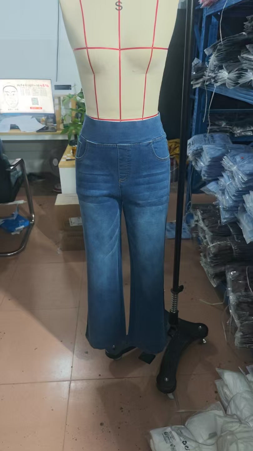 Straight Denim Trousers with High Elasticity and Trendy Style