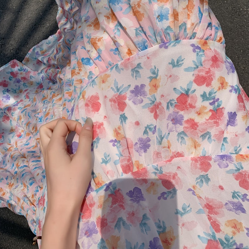 A-Line Chiffon Floral Skirt with Colorful Print Style