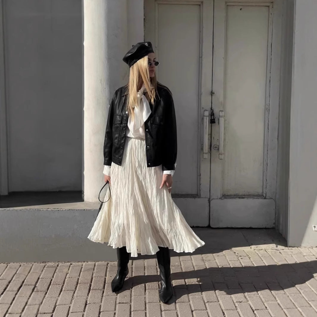 Pleated High Waist Skirt with Elegant Beige Color and Comfortable Fit