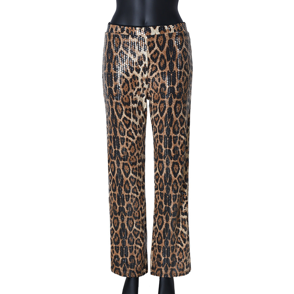 Leopard Print Straight-leg Trousers with Sparkling Sequins Detail