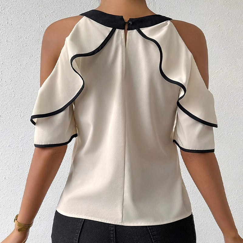 Short-sleeved Bow Collar Pullover Shirt with Stylish Design