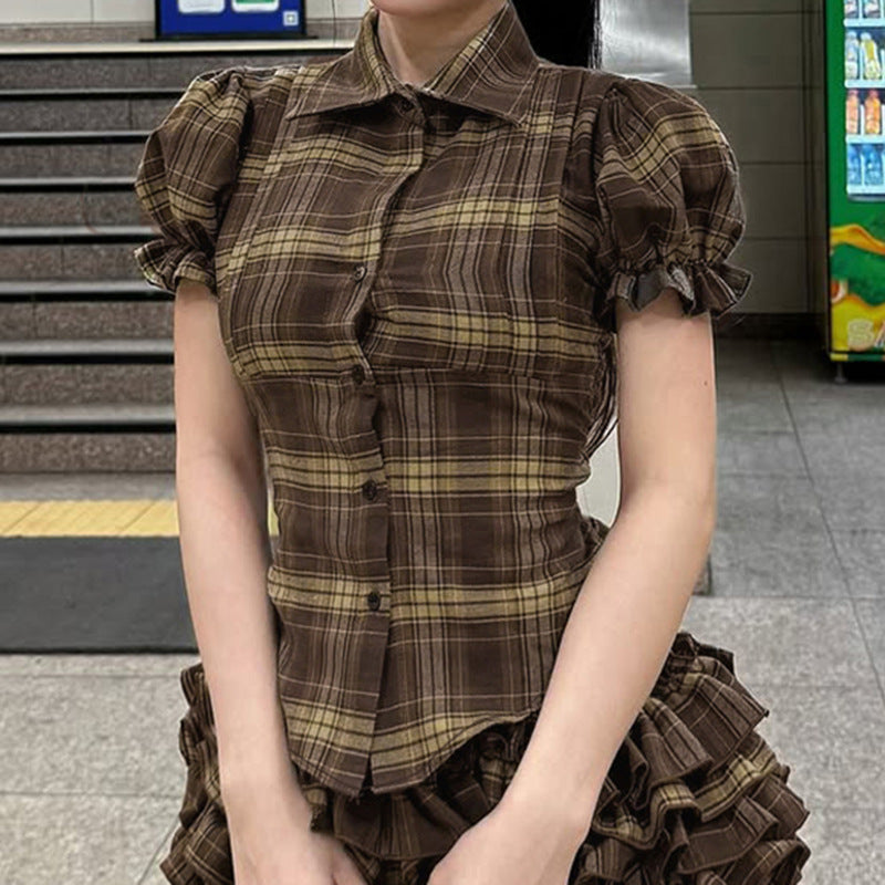 Plaid Pleated Slim-fit Tutu Skirt with Contrast Color Design