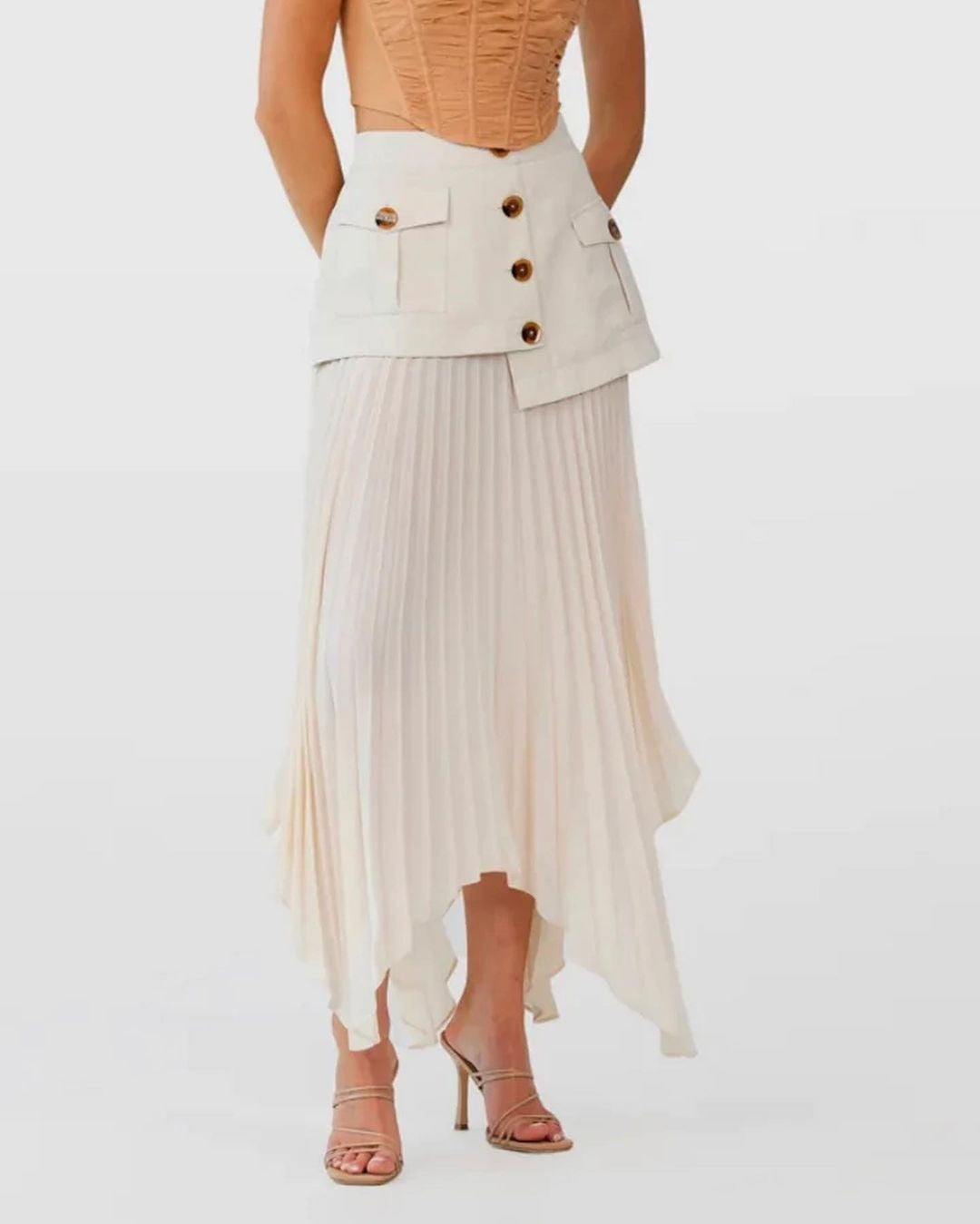 Pleated Skirt with Multi-button Pocket Design for Versatile Styling