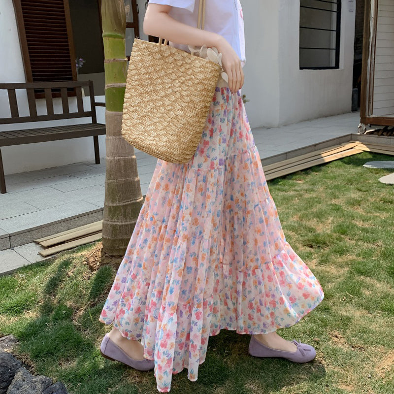 A-Line Chiffon Floral Skirt with Colorful Print Style