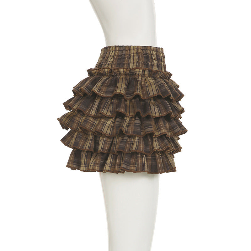 Plaid Pleated Slim-fit Tutu Skirt with Contrast Color Design