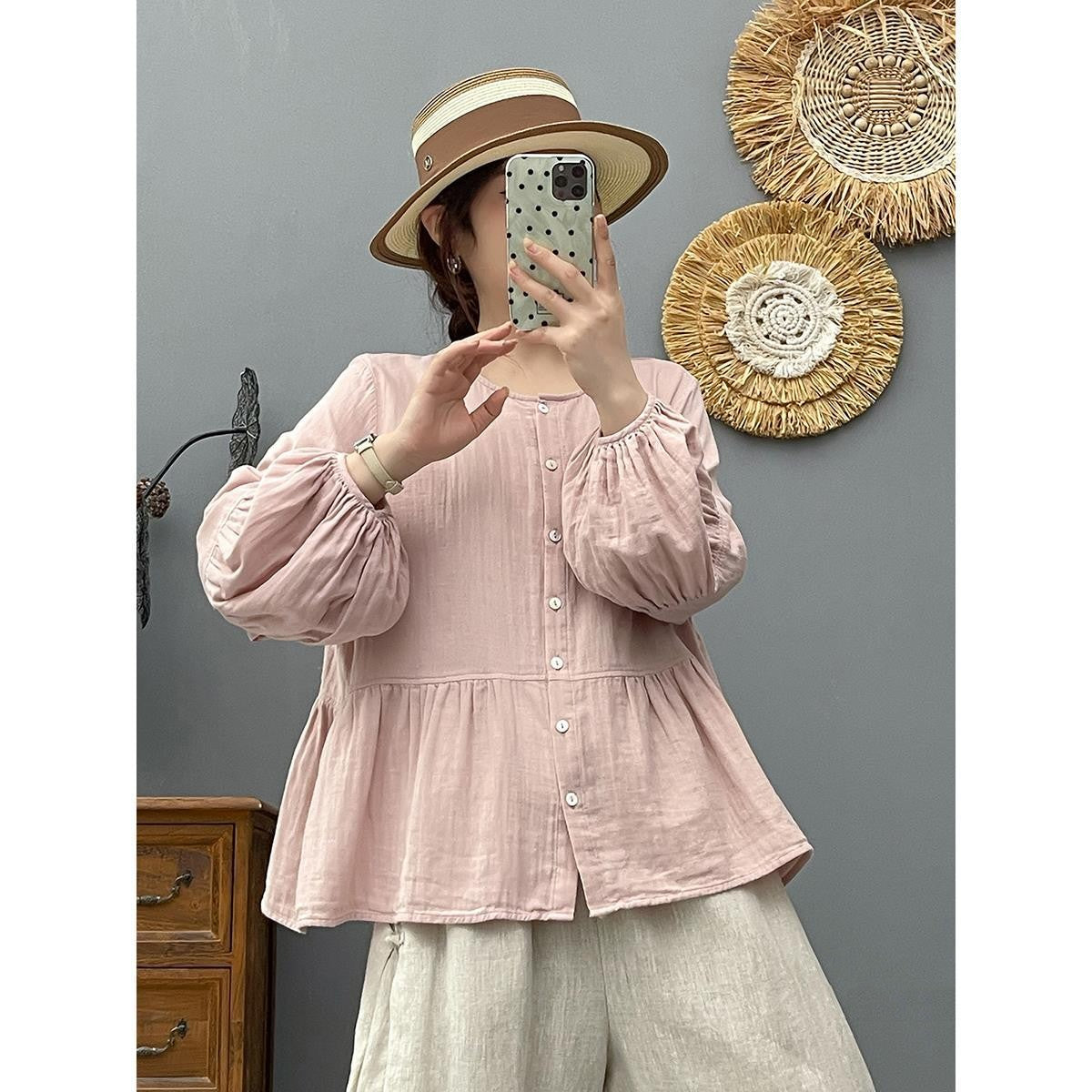 Loose Double-layer Cotton Yarn Top with Long Sleeves