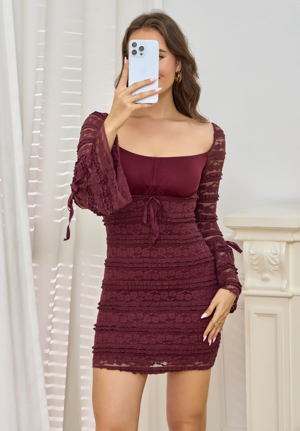 Lace Dress with Bell Sleeves and Square Collar for Stunning Style