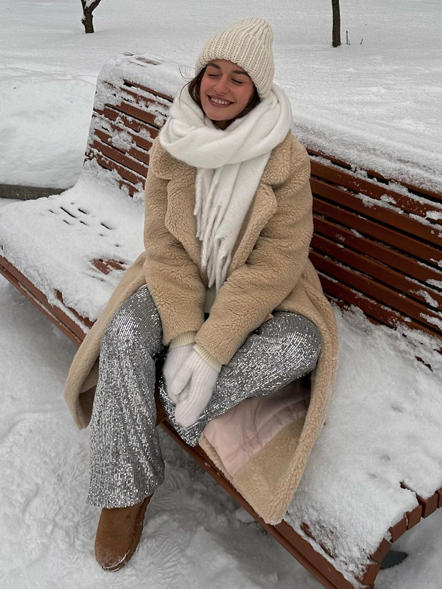 Polyester Long Button Cashmere Coat with Luxurious Fur Collar