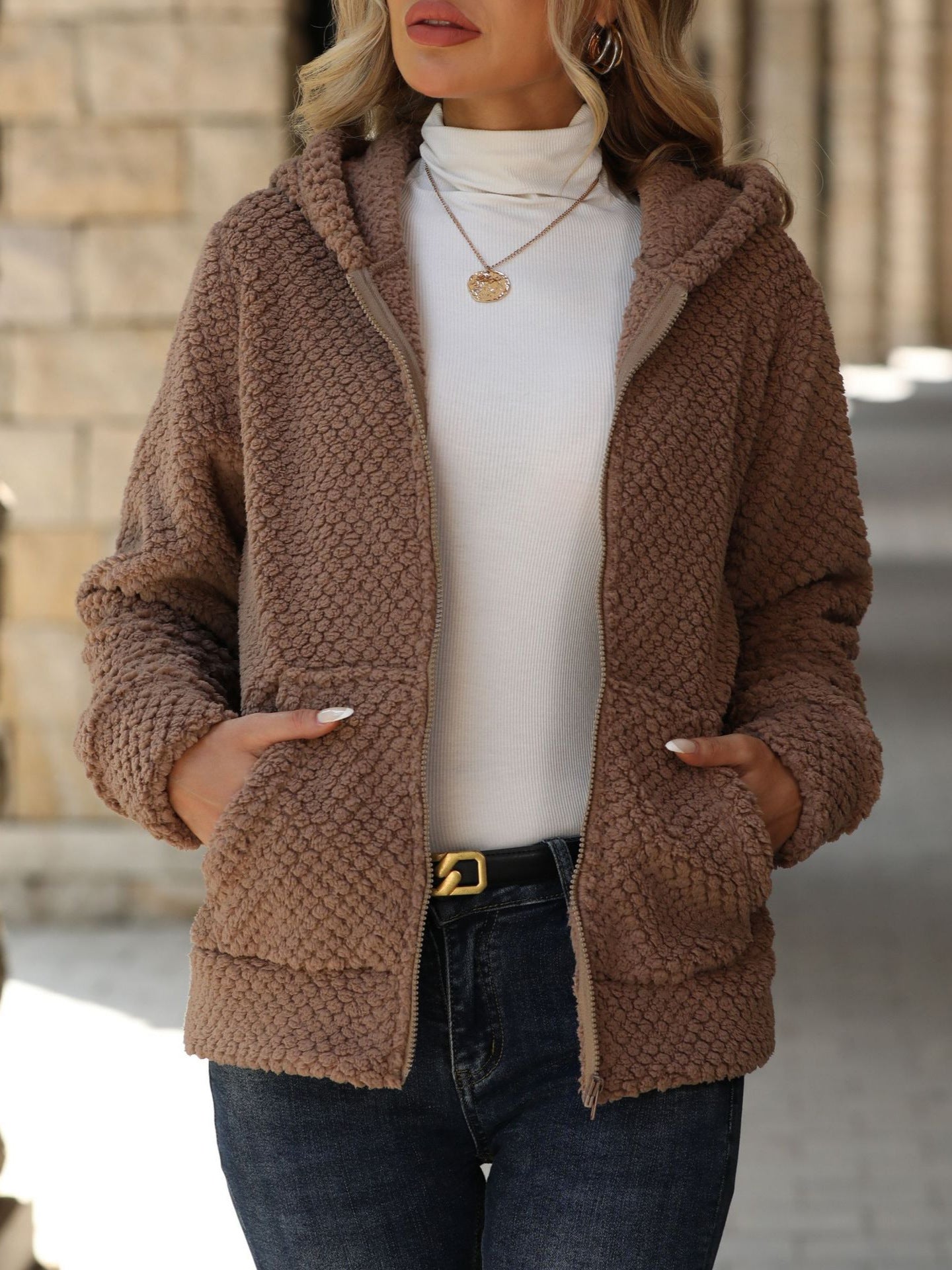Loose Pocket Hooded Zipper Plush Jacket for Autumn and Winter