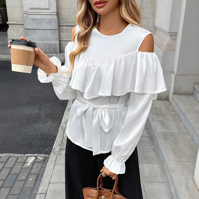 Long-sleeved Ruffled Off-the-shoulder Lace-up Shirt for Stylish Looks